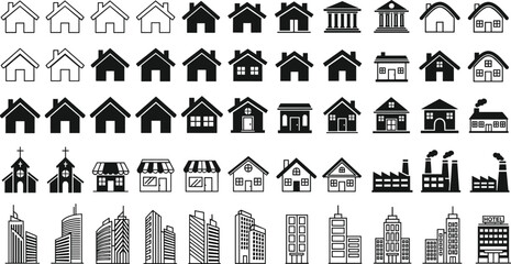 Building icon collection, architectural symbol set, residential, commercial, industrial structures, urban design pack, black silhouette illustrations
