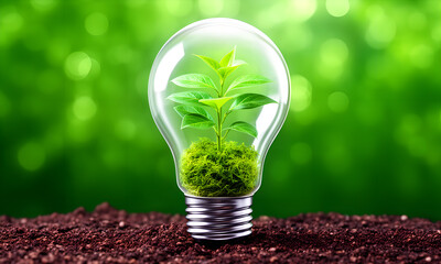 Vibrant green plant growing inside a light bulb on soil, symbolizing renewable energy and eco-friendly ideas.