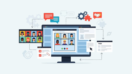Remote team collaboration via virtual meeting platform on desktop. Online video conference for digital communication, efficient teamwork, and global project management