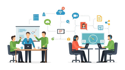 Business professionals collaborating and managing data in a connected digital ecosystem with cloud services and network technology for modern enterprise solutions