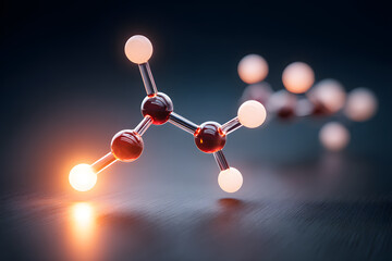 Molecule structure with spheres representing atoms in a dark setting