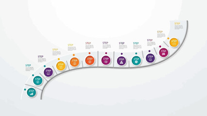 Curved Infographic Timeline Template with Twelve Sequential Steps for Business Presentations, Project Planning, and Educational Content Visualization