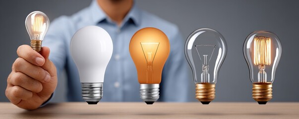 Businessman in a suit holding a glowing light bulb with innovation and ideas icons