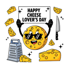 Happy Cheese Lover's Day celebration with smiling cheese character and grater