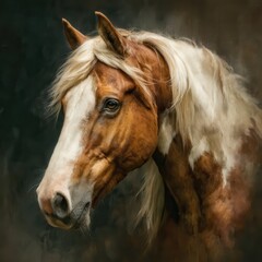 Obraz premium Elegant brown horse with flowing white mane in dramatic soft lighting portrait for stock