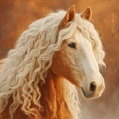 Obraz premium Beautiful purebred brown horse with a long curly white mane in a warm autumn backdrop