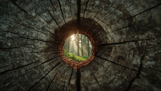 View of a Sunlit Green Forest Through a Knothole in an Old Log, Nature Portal and Discovery Concept