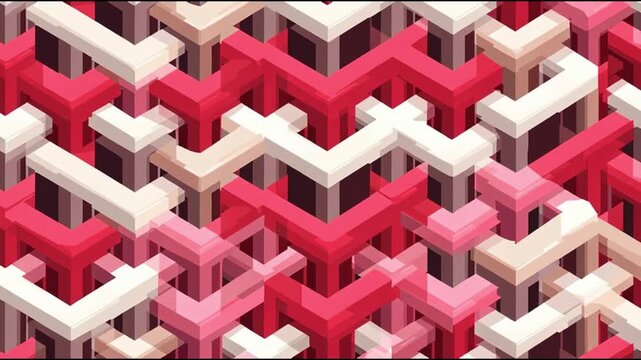 Abstract geometric pattern featuring interlocking shapes in shades of red, pink, and white, creating a dynamic visual flow across multiple layers and angles