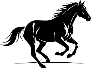 Obraz premium Elegant black stallion running powerfully, a symbol of freedom and strength perfect for branding, logos, and designs with a touch of wild beauty