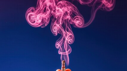 Swirling pink smoke dramatically rising from burning cigarette butt held against deep dark blue studio background