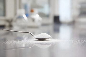 Spoon with white sugar placed on a clean surface in a kitchen setting during bright daylight hours