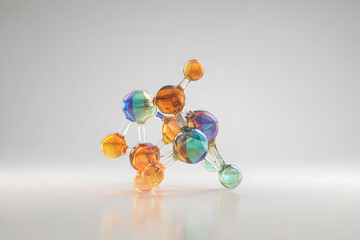 Colorful model of molecular structure made from transparent materials placed on a flat surface with neutral background