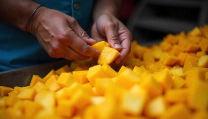 Close-up of skilled hands meticulously preparing vibrant orange pumpkin cubes, destined to become a delicious and healthy culinary dish