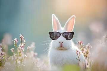 Funny rabbit wearing sunglasses sitting among flowers in a sunny garden during springtime