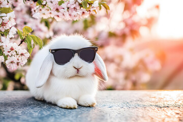 White rabbit wears sunglasses and relaxes near cherry blossom trees during sunset in a garden