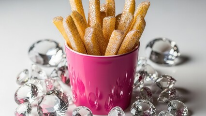 Glittering french fries in a pink cup surrounded by polished diamonds