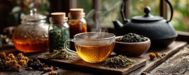 Fototapeta premium Cozy rustic tea scene with steaming cup, teapot, and herbal jars on wooden table