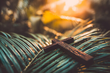 Wooden cross placed on green leaves with bright sunlight shining in the background