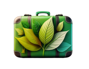 2D illustration of eco travel concept, leaf and suitcase combination, white background