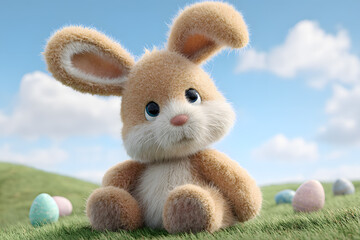 Cute bunny sits on green grass with colorful eggs around on a sunny day