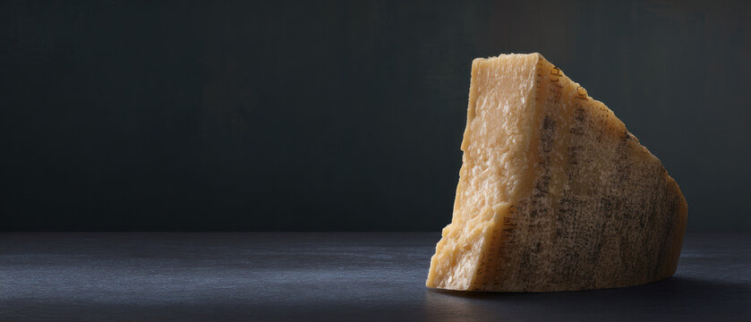 Chunk of aged parmesan cheese on dark background