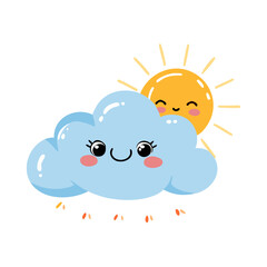 Happy yellow baby chick and bird characters celebrate Easter with eggs and flowers under a bright cartoon sun and clouds in a spring nature vector illustration