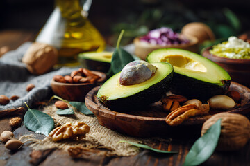Fresh avocados cut in half with nuts and oil on wooden table during a food preparation scene in a kitchen setting