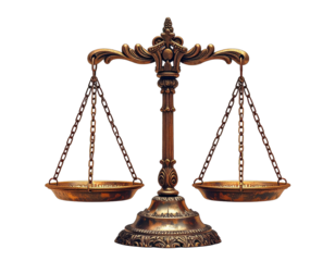 2D illustration of scales of justice symbol, balanced design, white background.
