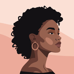 Vector portrait poster, curly-haired African-American woman with expressive facial features in profile. Perfect for topics related to diversity, beauty, fashion, and culture. Avatar for social media. © AyaLinesDesign