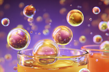 Colorful bubbles floating above drinks on a purple background during a social event at night