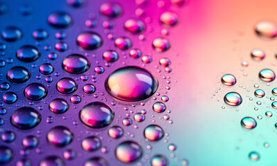 Vibrant iridescent water droplets sparkling on a vivid multicolored gradient background texture