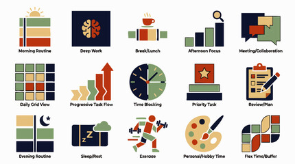 Set of icons representing productivity, time management, and daily activities for business and lifestyle