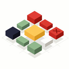 Obraz premium Abstract isometric 3D blocks arranged on a grid, symbolizing data structure, problem-solving, and system architecture with a highlighted error