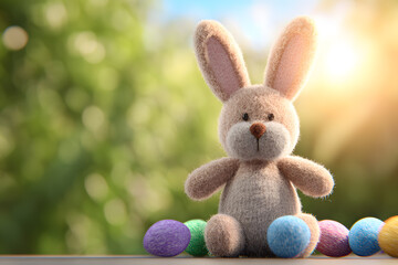 Cute bunny figure sits among colorful eggs under sunlight at a blurred outdoor location with greenery in the background