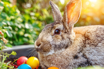 Rabbit resting among colorful eggs in a garden during springtime