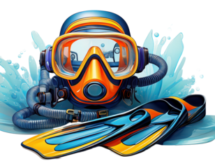 3D illustration of scuba diving gear, mask and fins, isolated on white background