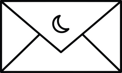 Lunar Envelope Icon" - A simple black and white vector illustration of an envelope with a crescent moon, communication, mail, night