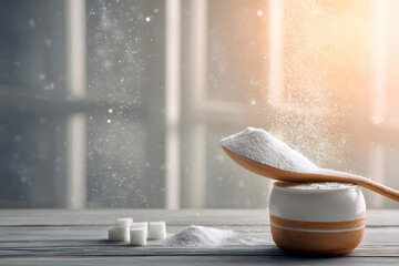 Sugar is poured from a wooden spoon into a bowl on a wooden table near a window during daylight