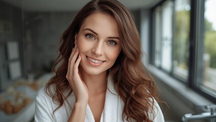 Beautiful woman smiling and touching her face in the bathroom