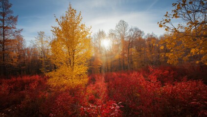 Fototapeta premium Autumn landscape with yellow trees and red-orange foliage. Abstract beauty of the October season under a heart-shaped sky. Peaceful fall scenery