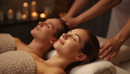 Charming couple relaxing in a spa, receiving deep tissue massages
