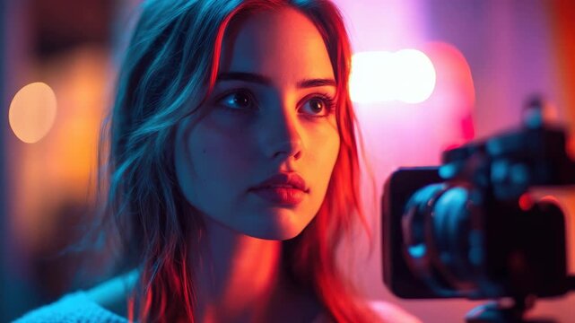 A modern portrait of a young woman gazing into the camera with an intense look, set against a vibrant urban nightscape.