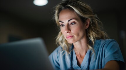 Focused female doctor working late at night on laptop in medical environment