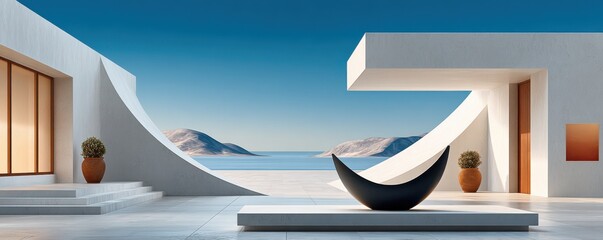 Modern white seaside terrace with arches and steps, a minimalist coastal design