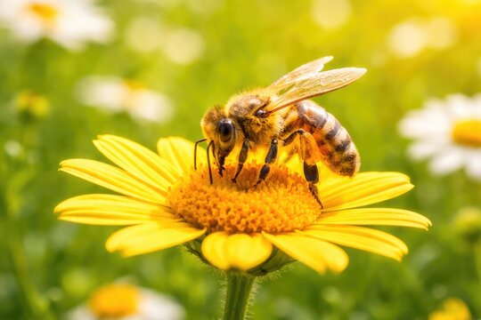 Honey Bee Collecting Pollen on Yellow Flower - Powered by Adobe