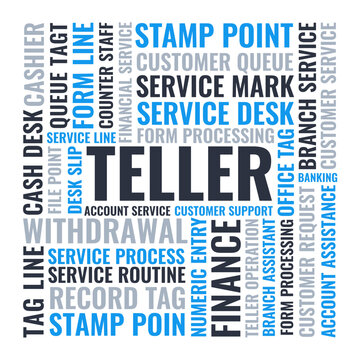 Bank Teller Word Cloud, Finance Service Banking Tag Cloud. Square Withdrawal Typography Vector