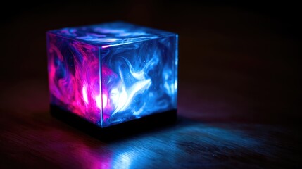 Futuristic Neon Energy Cube with Blue and Pink Light on Dark Background
