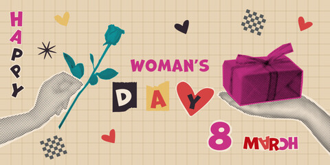 Retro collage design for 8 March Woman's Day with cut-out hands holding a rose and gift box on a grid background.
