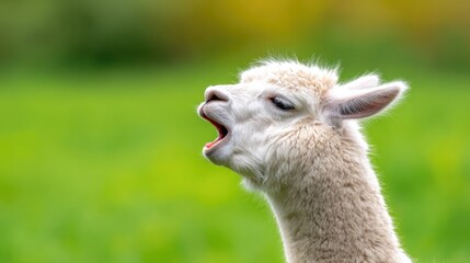 Obraz premium Cute Alpaca With Open Mouth on Green Meadow Background