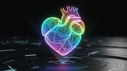 Holographic glowing anatomical heart visualization projection